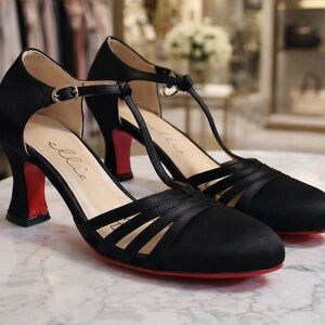 Custom made red bottom flapper style satin block kitten heel shoes